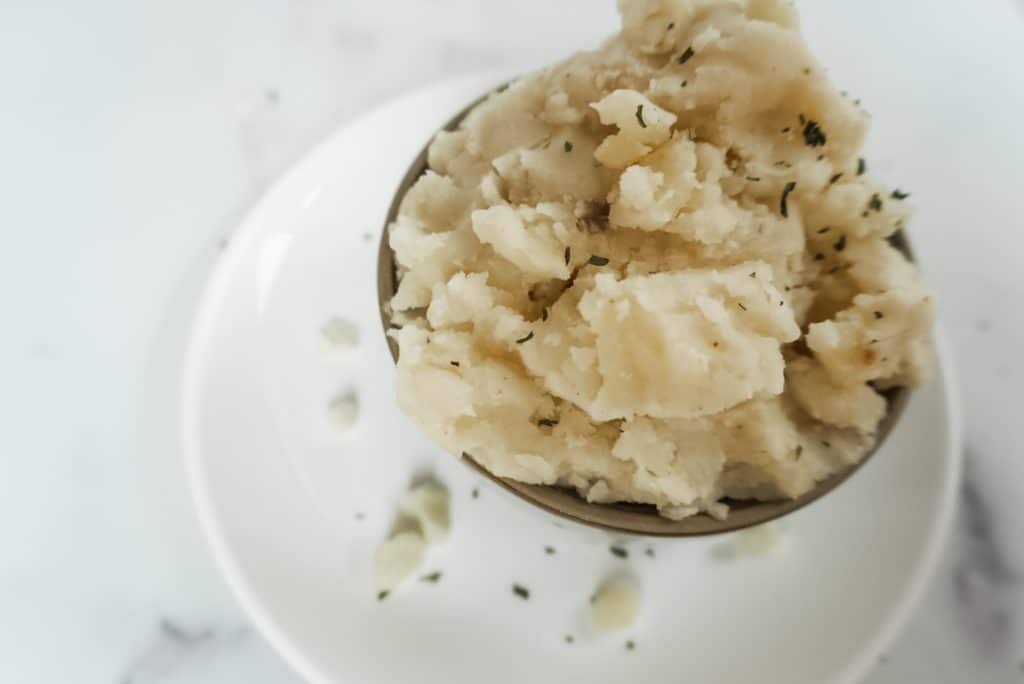 overhead of instant pot mashed potatoes in a bowl