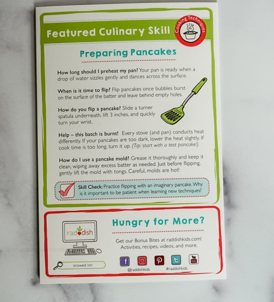 back of raddish kids recipe card with culinary skills and tips