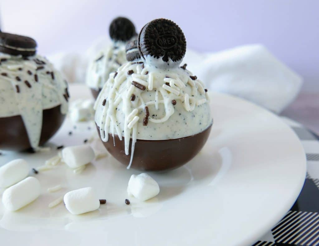 finished oreo hot chocolate bomb on a plate