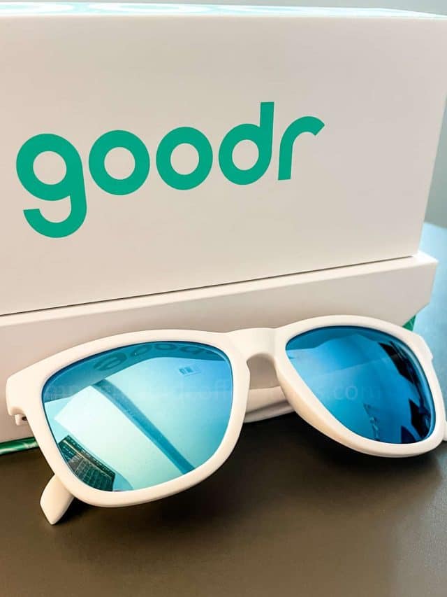 white goodr sunglasses in front of box