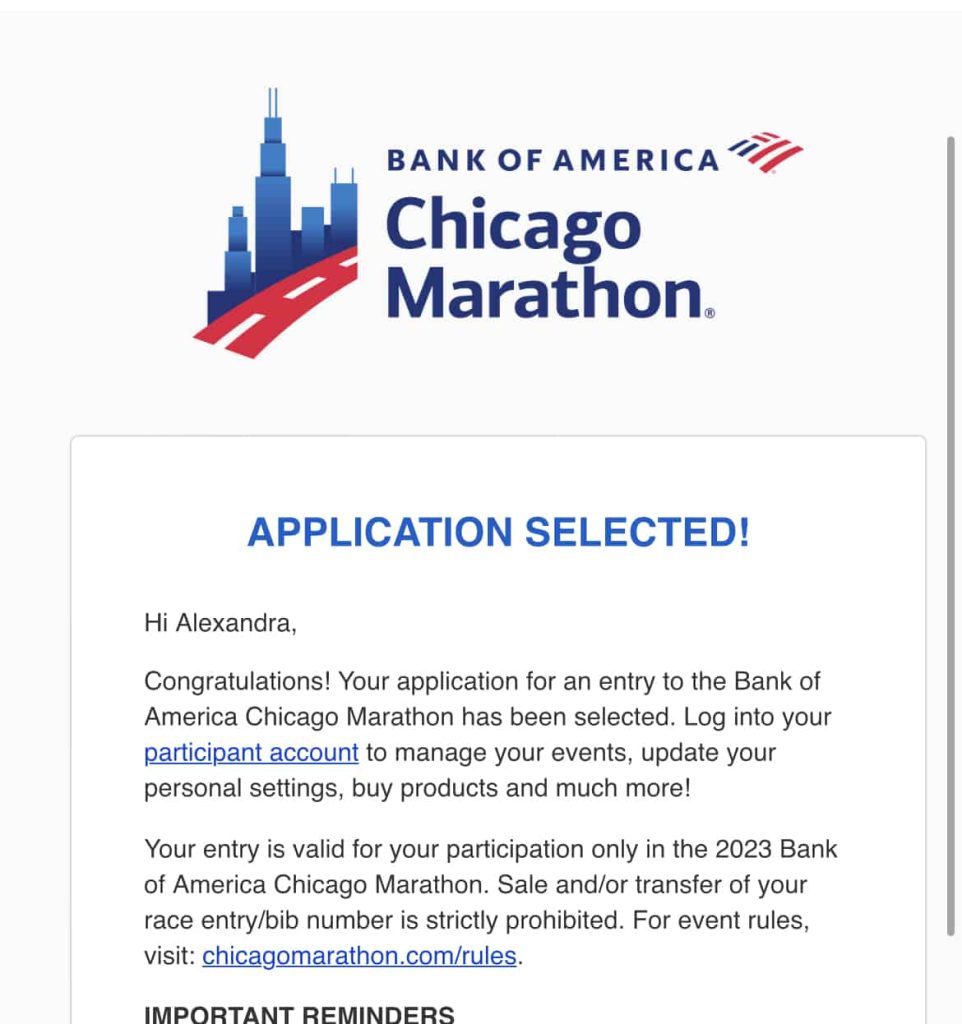 chicago marathon acceptance email