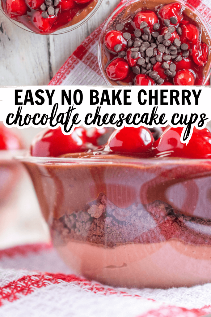 close up of no bake cherry chocolate cheesecake with text that reads easy no bake cherry chocolate cheesecake