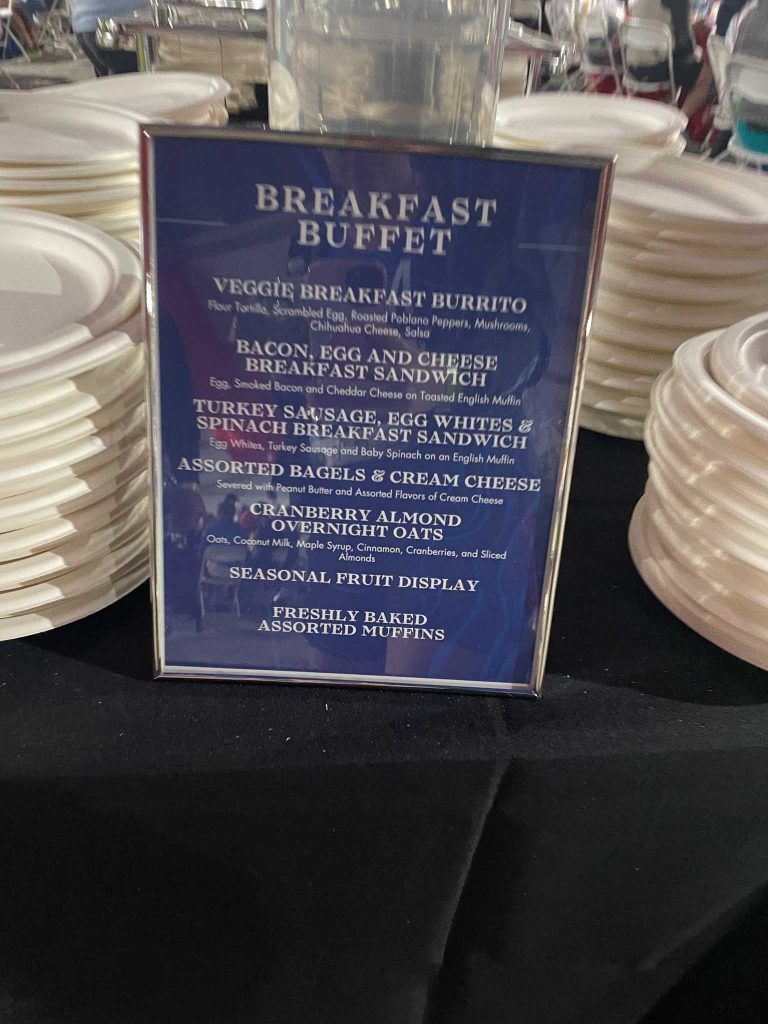 menu from breakfast at the hospitality tent