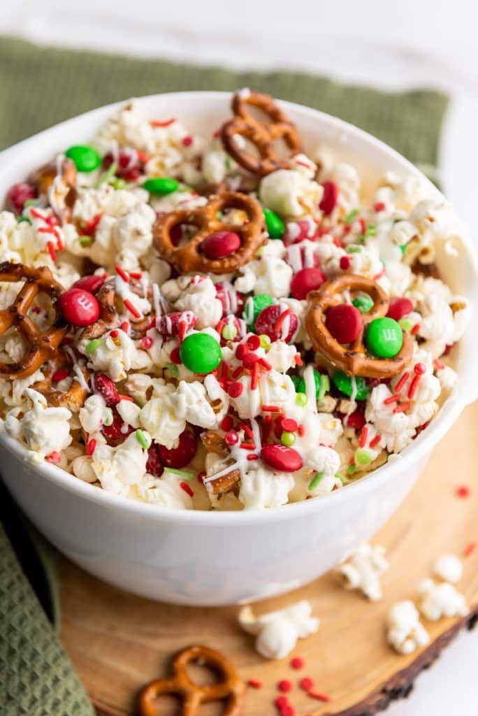 close up of christmas popcorn in a bowl