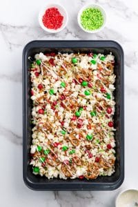 finished christmas popcorn in a baking tray