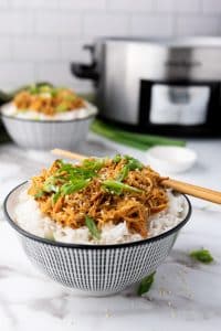 side image of a bowl of slow cooker chicken with a slow cooker in the background