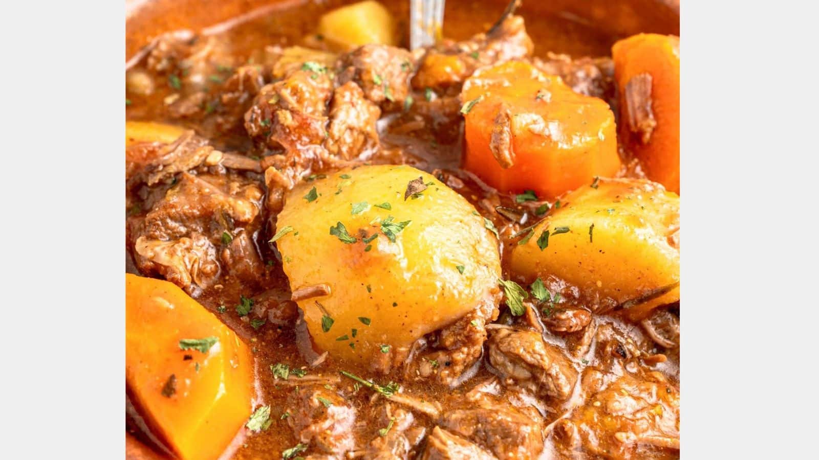close up of beef stew and potatoes