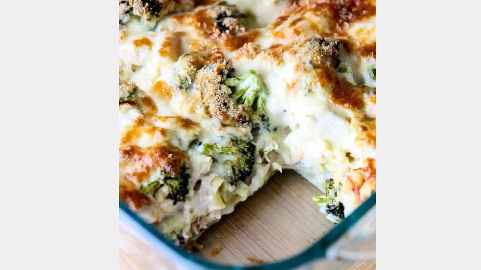 a slice of chicken broccoli lasagna