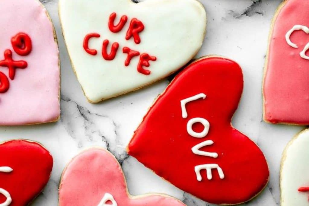 Valentine's Day Heart Sugar Cookies with "Love" and "UR cute"