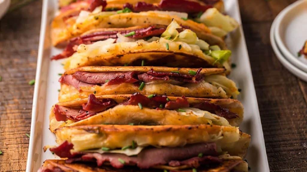 Irish Tacos with Potatoes, Corned Beef, Cabbage and Onions