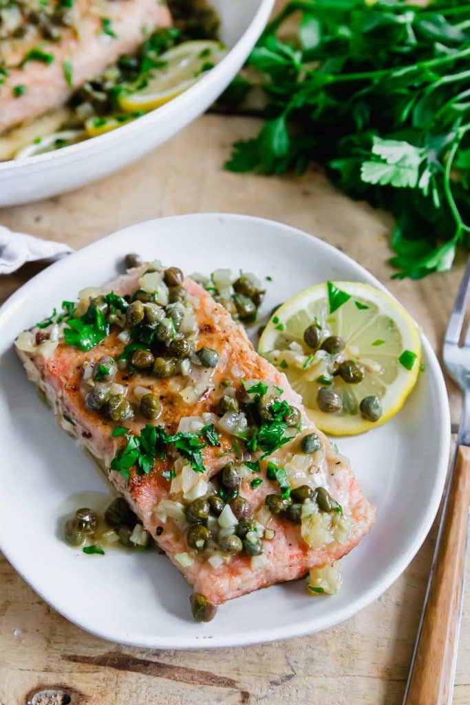salmon piccata on a plate