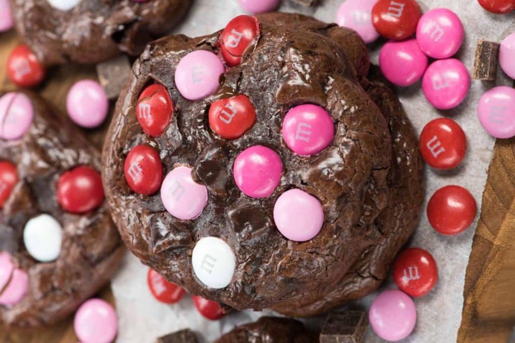 Valentine Brownie Cookies with red, white, and pink M&Ms